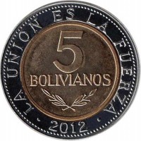 Bolivia coin 5 Bolivianos (2010 - 2012) reverse reverse of 5 Bolivianos (2010 - 2012) coin with KM# 219 from Bolivia. Inscription: LA UNION ES LA FUERZA 5 BOLIVIANOS 2010