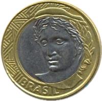 obverse of 1 Real (1998 - 1999) coin with KM# 652 from Brazil. Inscription: BRASIL