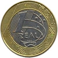 reverse of 1 Real (1998 - 1999) coin with KM# 652 from Brazil. Inscription: 1 REAL 1998