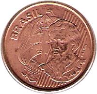 obverse of 1 Centavo (1998 - 2004) coin with KM# 647 from Brazil. Inscription: BRASIL CABRAL