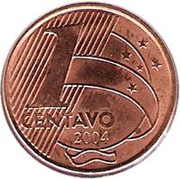 reverse of 1 Centavo (1998 - 2004) coin with KM# 647 from Brazil. Inscription: 1 CENTAVO 2004