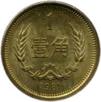 China coin 1 Jiao (1980 - 1986) reverse reverse of 1 Jiao (1980 - 1986) coin with KM# 15 from China. Inscription: 1 壹 角 1980