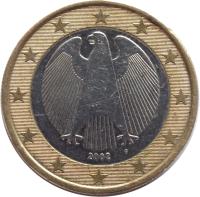 Germany coin 1 Euro - 1'st Map (2002 - 2006) obverse obverse of 1 Euro - 1'st Map (2002 - 2006) coin with KM# 213 from Germany. Inscription: 2003 A