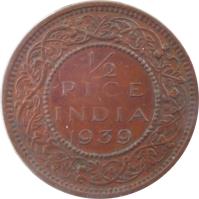reverse of 1/2 Pice - George VI (1938 - 1940) coin with KM# 528 from India. Inscription: 1/2 PICE INDIA 1940