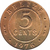 reverse of 5 Cents - Elizabeth II - 1'st Portrait (1973 - 1979) coin with KM# 34 from Belize. Inscription: · BELIZE · 5 CENTS · 1976 ·