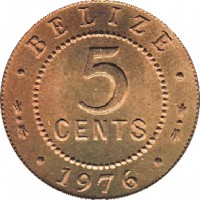 Belize coin 5 Cents - Elizabeth II - 1'st Portrait (1973 - 1979) reverse reverse of 5 Cents - Elizabeth II - 1'st Portrait (1973 - 1979) coin with KM# 34 from Belize. Inscription: · BELIZE · 5 CENTS · 1976 ·