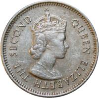 Belize coin 10 Cents - Elizabeth II - 1'st Portrait (1974 - 2000) obverse obverse of 10 Cents - Elizabeth II - 1'st Portrait (1974 - 2000) coin with KM# 35 from Belize. Inscription: QUEEN ELIZABETH THE SECOND