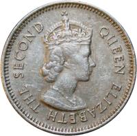 obverse of 10 Cents - Elizabeth II - 1'st Portrait (1974 - 2000) coin with KM# 35 from Belize. Inscription: QUEEN ELIZABETH THE SECOND