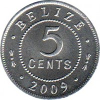 reverse of 5 Cents - Elizabeth II - 1'st Portrait (1992 - 2009) coin with KM# 115 from Belize. Inscription: BELIZE 5 CENTS 2009