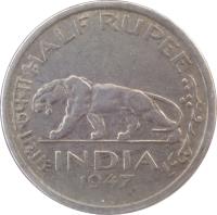 India coin 1/2 Rupee - George VI (1946 - 1947) reverse reverse of 1/2 Rupee - George VI (1946 - 1947) coin with KM# 553 from India. Inscription: आधा रुपया HALF RUPEE INDIA 1946