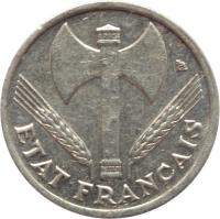 obverse of 50 Centimes - Lighter (1942 - 1944) coin with KM# 914 from France. Inscription: LB ETAT FRANÇAIS