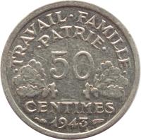 France coin 50 Centimes - Lighter (1942 - 1944) reverse reverse of 50 Centimes - Lighter (1942 - 1944) coin with KM# 914 from France. Inscription: · TRAVAIL · FAMILLE · · PATRIE · 50 CENTIMES 1944