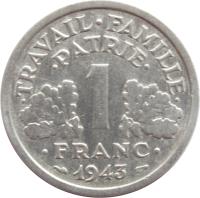 reverse of 1 Franc - Lighter (1942 - 1944) coin with KM# 902 from France. Inscription: TRAVAIL · FAMILLE · · PATRIE · 1 · FRANC · 1944