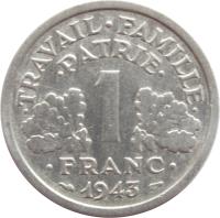 France coin 1 Franc - Lighter (1942 - 1944) reverse reverse of 1 Franc - Lighter (1942 - 1944) coin with KM# 902 from France. Inscription: TRAVAIL · FAMILLE · · PATRIE · 1 · FRANC · 1944