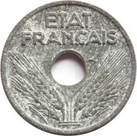 obverse of 10 Centimes (1941 - 1943) coin with KM# 898 from France. Inscription: ETAT FRANÇAIS