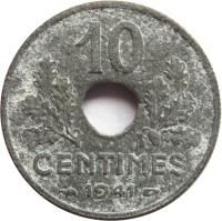 reverse of 10 Centimes (1941 - 1943) coin with KM# 898 from France. Inscription: 10 CENTIMES 1941