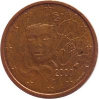obverse of 2 Euro Cent (1999 - 2017) coin with KM# 1283 from France. Inscription: RF 2000 F. COURTIADE