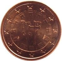 obverse of 1 Euro Cent (2002 - 2015) coin with KM# 740 from Portugal. Inscription: P O R T U G A L POR TV GA L VS INCM 2 0 0 2