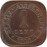 reverse of 1 Cent - George V (1919 - 1926) coin with KM# 32 from Straits Settlements. Inscription: STRAITS SETTLEMENTS 1 CENT 1920