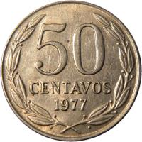 reverse of 50 Centavos (1975 - 1977) coin with KM# 206 from Chile. Inscription: 50 CENTAVOS 1975