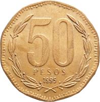 reverse of 50 Pesos (1981 - 2014) coin with KM# 219 from Chile. Inscription: 50 PESOS 1991