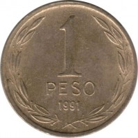Chile coin 1 Peso - Smaller (1981 - 1992) reverse reverse of 1 Peso - Smaller (1981 - 1992) coin with KM# 216 from Chile. Inscription: 1 PESO 1991