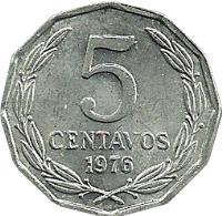 reverse of 5 Centavos (1976) coin with KM# 204a from Chile. Inscription: 5 CENTAVOS 1976
