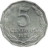 Chile coin 5 Centavos (1976) reverse reverse of 5 Centavos (1976) coin with KM# 204a from Chile. Inscription: 5 CENTAVOS 1976