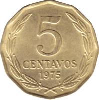 reverse of 5 Centavos (1975 - 1976) coin with KM# 204 from Chile. Inscription: 5 CENTAVOS 1975