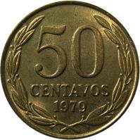 reverse of 50 Centavos (1978 - 1979) coin with KM# 206a from Chile. Inscription: 50 CENTAVOS 1979