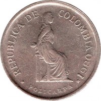 obverse of 5 Pesos (1980 - 1989) coin with KM# 268 from Colombia. Inscription: REPUBLICA DE COLOMBIA * POLICARPA * 1.981