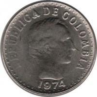 obverse of 10 Centavos - Continuous legend; Small letters (1972 - 1980) coin with KM# 253 from Colombia. Inscription: REPUBLICA DE COLOMBIA 1974