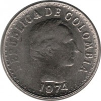 Colombia coin 10 Centavos - Continuous legend; Small letters (1972 - 1980) obverse obverse of 10 Centavos - Continuous legend; Small letters (1972 - 1980) coin with KM# 253 from Colombia. Inscription: REPUBLICA DE COLOMBIA 1974