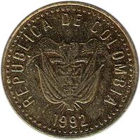obverse of 100 Pesos (1992 - 2012) coin with KM# 285 from Colombia. Inscription: REPUBLICA DE COLOMBIA 1992