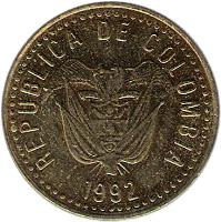 Colombia coin 100 Pesos (1992 - 2012) obverse obverse of 100 Pesos (1992 - 2012) coin with KM# 285 from Colombia. Inscription: REPUBLICA DE COLOMBIA 1992