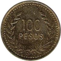 reverse of 100 Pesos (1992 - 2012) coin with KM# 285 from Colombia. Inscription: 100 PESOS