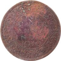 reverse of 1/4 Anna - George VI (1940 - 1942) coin with KM# 531 from India. Inscription: ONE QUARTER A N N A I N D I A 1940