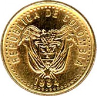 obverse of 20 Pesos (1989 - 2003) coin with KM# 282 from Colombia. Inscription: REPUBLICA DE COLOMBIA 1994