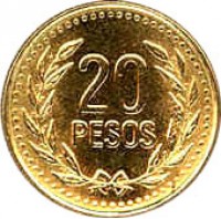 Colombia coin 20 Pesos (1989 - 2003) reverse reverse of 20 Pesos (1989 - 2003) coin with KM# 282 from Colombia. Inscription: 20 PESOS