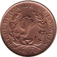 obverse of 5 Centavos - With date (1967 - 1979) coin with KM# 206a from Colombia. Inscription: REPUBLICA DE COLOMBIA 1967