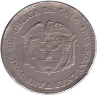 Colombia coin 50 Centavos (1958 - 1966) reverse reverse of 50 Centavos (1958 - 1966) coin with KM# 217 from Colombia. Inscription: RÉPUBLICA DE COLOMBIA CINCUENTA CENTAVOS