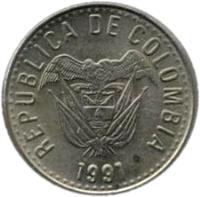 obverse of 10 Pesos (1989 - 1994) coin with KM# 281 from Colombia. Inscription: REPUBLICA DE COLOMBIA 1991