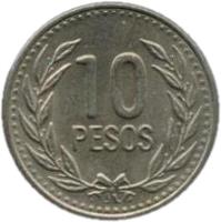 reverse of 10 Pesos (1989 - 1994) coin with KM# 281 from Colombia. Inscription: 10 PESOS
