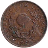 Colombia coin 1 Centavo (1942 - 1966) obverse obverse of 1 Centavo (1942 - 1966) coin with KM# 205 from Colombia. Inscription: REPUBLICA DE COLOMBIA LIBERTAD 1963