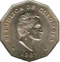 obverse of 1 Peso (1967) coin with KM# 229 from Colombia. Inscription: REPUBLICA DE COLOMBIA · 1967 ·