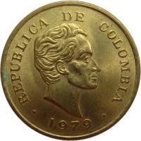 obverse of 25 Centavos (1979 - 1980) coin with KM# 267 from Colombia. Inscription: REPUBLICA DE COLOMBIA 1979