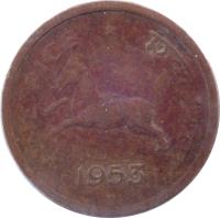 India coin 1 Pice (1950 - 1955) reverse reverse of 1 Pice (1950 - 1955) coin with KM# 1 from India. Inscription: ONE PICE * एक पैसा 1955