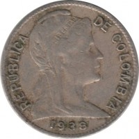 obverse of 1 Centavo (1918 - 1948) coin with KM# 275 from Colombia. Inscription: REPUBLICA DE COLOMBIA 1938