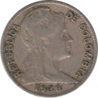 Colombia coin 1 Centavo (1918 - 1948) obverse obverse of 1 Centavo (1918 - 1948) coin with KM# 275 from Colombia. Inscription: REPUBLICA DE COLOMBIA 1938