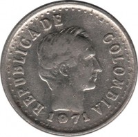obverse of 20 Centavos - Divided legend (1971) coin with KM# 245 from Colombia. Inscription: REPUBLICA DE COLOMBIA 1971